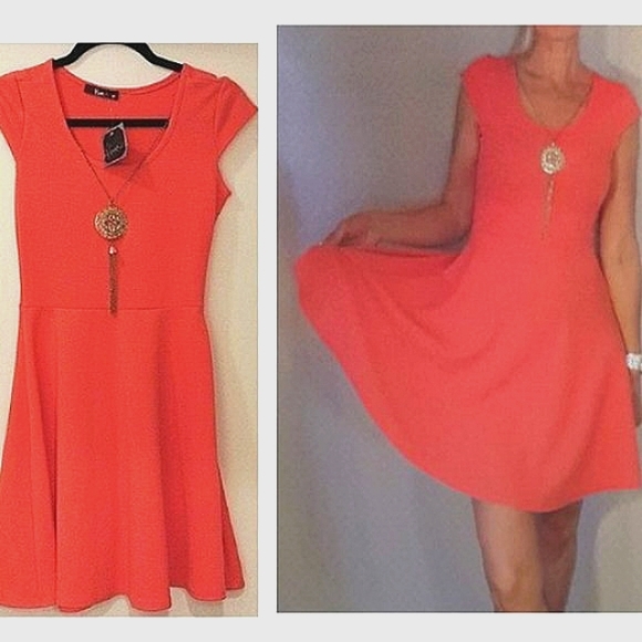 Coral Mini Dress with attached Necklace Dopamine Dressing Spring Summer - Picture 2 of 14